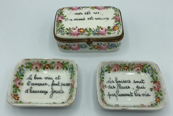 Old French Hand Painted Hinged Box - 4"x3"x2"; 2 Dishes - 3½"x3"