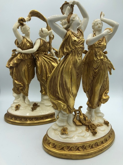 2 Dresden Germany Lady Figures W/ Gold Gilt Paint - 12½", Appears To Be In