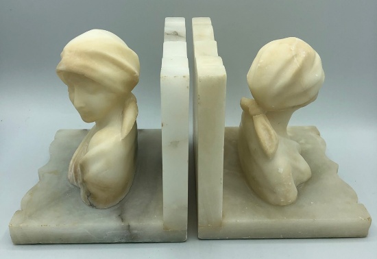 Pair Alabaster Bust Bookends - 6"x6" - These  Were Always In Nell Donnelly