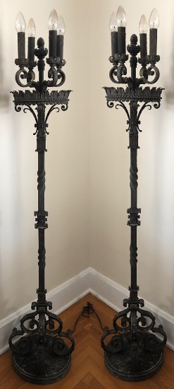 Pair Early 1900s Very Heavy Iron Floor Candelabra Lamps W/ Twisted Iron Pos