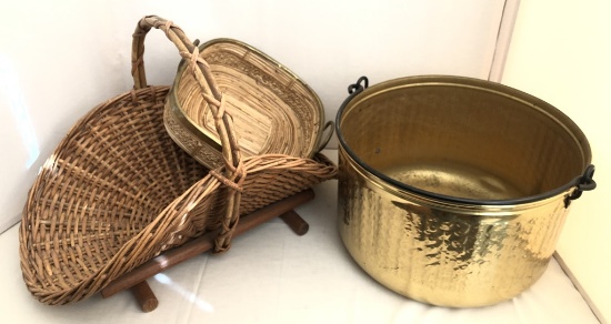 Large Brass Kettle W/ Iron Handle - 18"x12"; Bamboo Basket W/ Brass Trim -