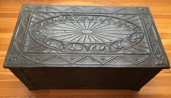 Copper Covered Wooden Trunk W/ Embossed Signs Of The Zodiac - Early 1800s, 1