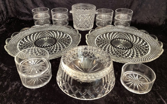 Crystal Ice Bucket; Crystal Dog Bowl; 2 Glass Trays - 14"; 11 Glass Bowls