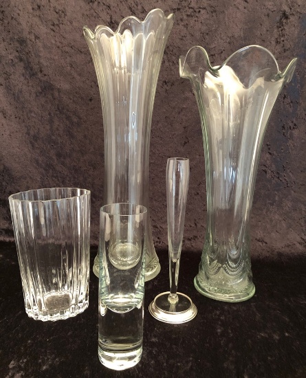 2 Large Antique Vases - Tallest 20"; 3 Misc. Glass Vases - One Is Vera Wang