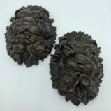 Pair Wooden Architectural Carved Lions & Fruit - 8½