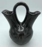 Southwestern Black Pottery Wedding Vase - Tesuque Pueblo New Mexico, Anasta