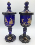 Pair Cobalt Bohemian Blue Glass Jars W/ Lids - Decorated W/ Gold Gilt Paint