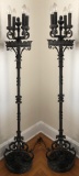 Pair Early 1900s Very Heavy Iron Floor Candelabra Lamps W/ Twisted Iron Pos