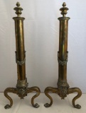 Pair Brass Andirons W/ Floral Swag Design & Paw Feet - 25