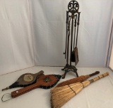 Heavy 1920s Fireplace Tool Set; 2 Bellows; 2 Fireplace Brooms
