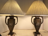 Pair French Metal Lamps W/ Marble Bases & Raised Lion Relief - Circa 1900,