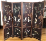 Oriental Commandrel 4-panel Screen W/ Figures & Flowers Set With Hard Stone