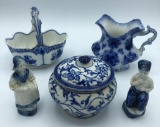 Blue & White Covered Pot; Flow Blue Basket & Creamer; 2 Small Dutch Figures