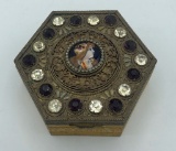 Brass W/ Rhinestones Jewelry Box - Hand Painted Enameled Center, 3¾