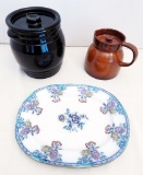 Black Glass Cookie Jar; Italy Pitcher W/ Lid; Flow Blue Polychrome Platter