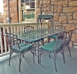 Vintage Cast Iron Glass-Top Table W/ 2 Arm Chairs & 4 Side Chairs - 72