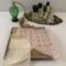Misc. Perfumes On Mirror; Vintage Handkerchiefs In Box; Green Glass Atomize