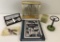 Bulova Clock; Earring Stand; Alabaster Desk Organizer; Pierre Cardin Pen &