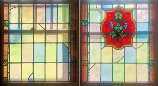 2 Antique Stained Glass Windows - Set Upper & Lower, 35"x36½" Each