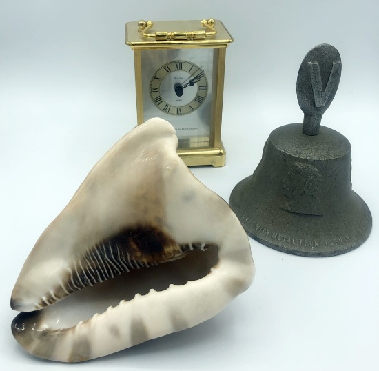 Bulova Quartz Carriage Clock; Beautiful Shell; Old Pewter Bell - 5½"