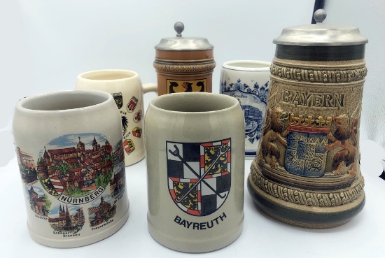 6 Vintage Steins - Tallest Is 8¼"