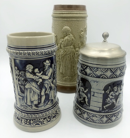 3 German Salt-Glazed Steins - Tallest Is 8½"