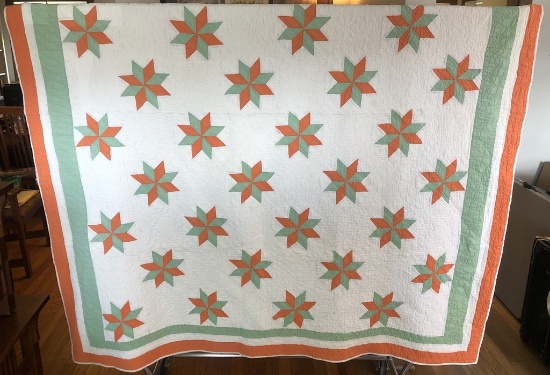 Vintage Hand Quilted Quilt - 76"x87½", Some Small Tears On Border, As Found