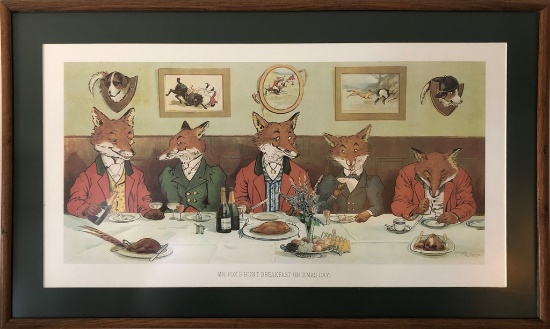 " Mr. Fox's Hunt Breakfast Of Xmas Day " Print - Framed W/ Glass, 28"x17"