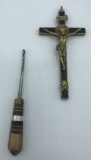 English Buttonhook; Black & Gold Crucifix - 5½