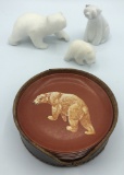 Vintage Coaster Set In Leather Case; 3 Marble Polar Bears