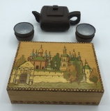 5-piece Small Japanese Handmade Tea Set; Pyrographic & Hand Painted Box - 6