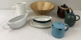 Wooden Salad Bowl; 3 Teapots; Gravy Boat; Milk Pitcher