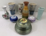 6 Vintage Vases; Vintage Musical Powder Box; 2 Hand Painted Powder Boxes W/