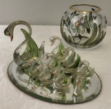 Round Hand Painted Vase; 9-piece Glass Swan Set On Beveled Mirrored Tray