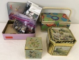 Vintage Sewing Basket; Lots Vintage Buttons & Beads; Vintage Tins; Etc.