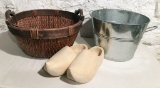 Galvanized Bucket & Basket; Pair Wooden Clogs