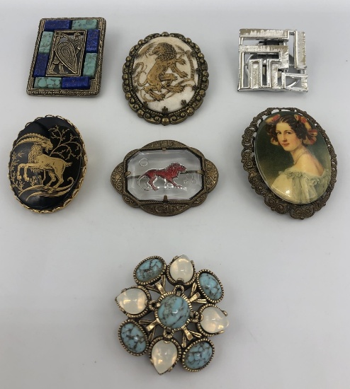 7 Vintage Brooches - Lions, Lapis, Etc.