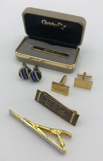 3 Vintage Men's Tie Clips; 2 Pairs Cuff Links