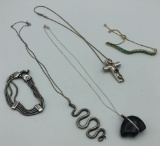 Sterling Green Glass Bracelet; Sterling Cross Necklace; Sterling & Onyx Bea