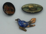 2 Hand Painted Enameled Brooches; Vintage Enameled Bird Brooch - As Found