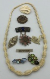 9 Brooches; Necklace