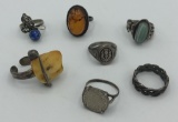 7 Sterling Rings - 2 Are Amber, 1 Is Agate, Sizes 7 Thru 9