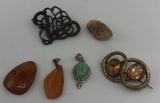 3 Brooches & 3 Pendants - Sterling, Amber, Etc.