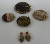 4 Vintage Scottish Agate Brooches; Pair Vintage Scottish Agate Earrings