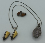 2 Pairs Sterling & Amber Earrings; Sterling & Quartz Pendant & Necklace