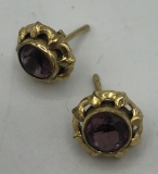 Pair 9kt Gold & Amethyst Earrings - 1.5g
