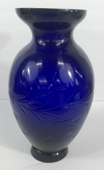 Beautiful Cobalt Blue Heavy Cut Glass Vase - 13½", Czech?, Chip On Bottom
