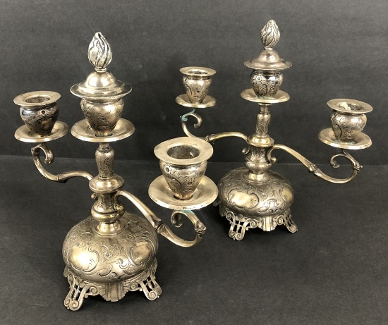 Pair Silver Over Brass Tooled Candelabras