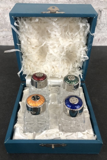 Set Of 4 Cut Glass & Enameled Shakers - In Original Box