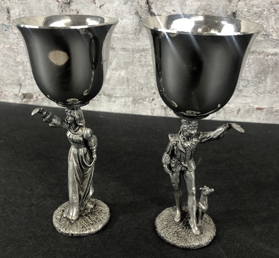 Silverplated Romeo & Juliet Goblets - 6¾", Romeo Has Small Dent In Cup